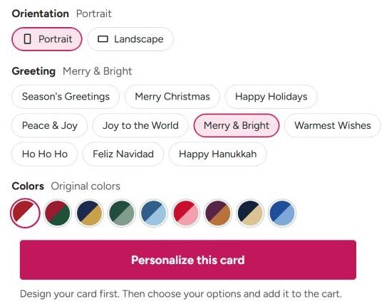 Orientation, greeting and color choices above the Personalize this card button