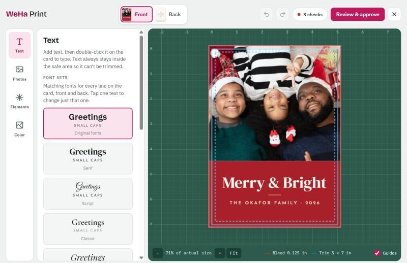 The WeHa Print card designer with text, photo, element and color tools beside the card