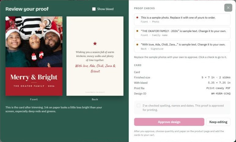 The proof screen showing the front and back of the card, proof checks and the Approve design button