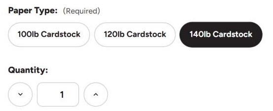 Paper type choices of 100lb, 120lb and 140lb cardstock, and the quantity box